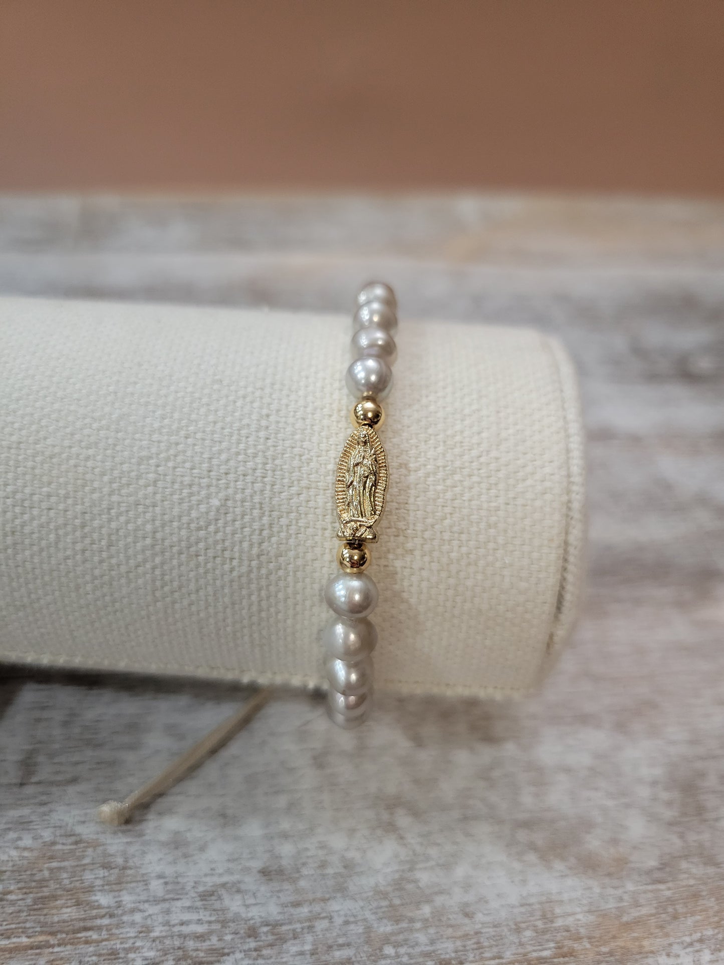 Pearl Virgin Mary Bracelet adjustable. One size fits all