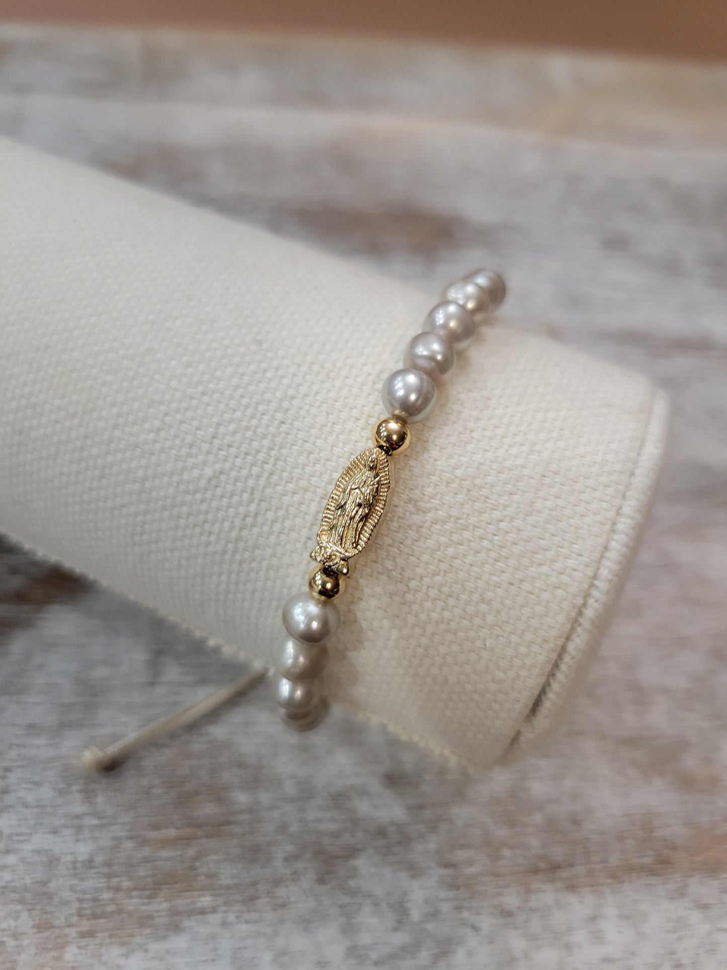 Pearl Virgin Mary Bracelet adjustable. One size fits all