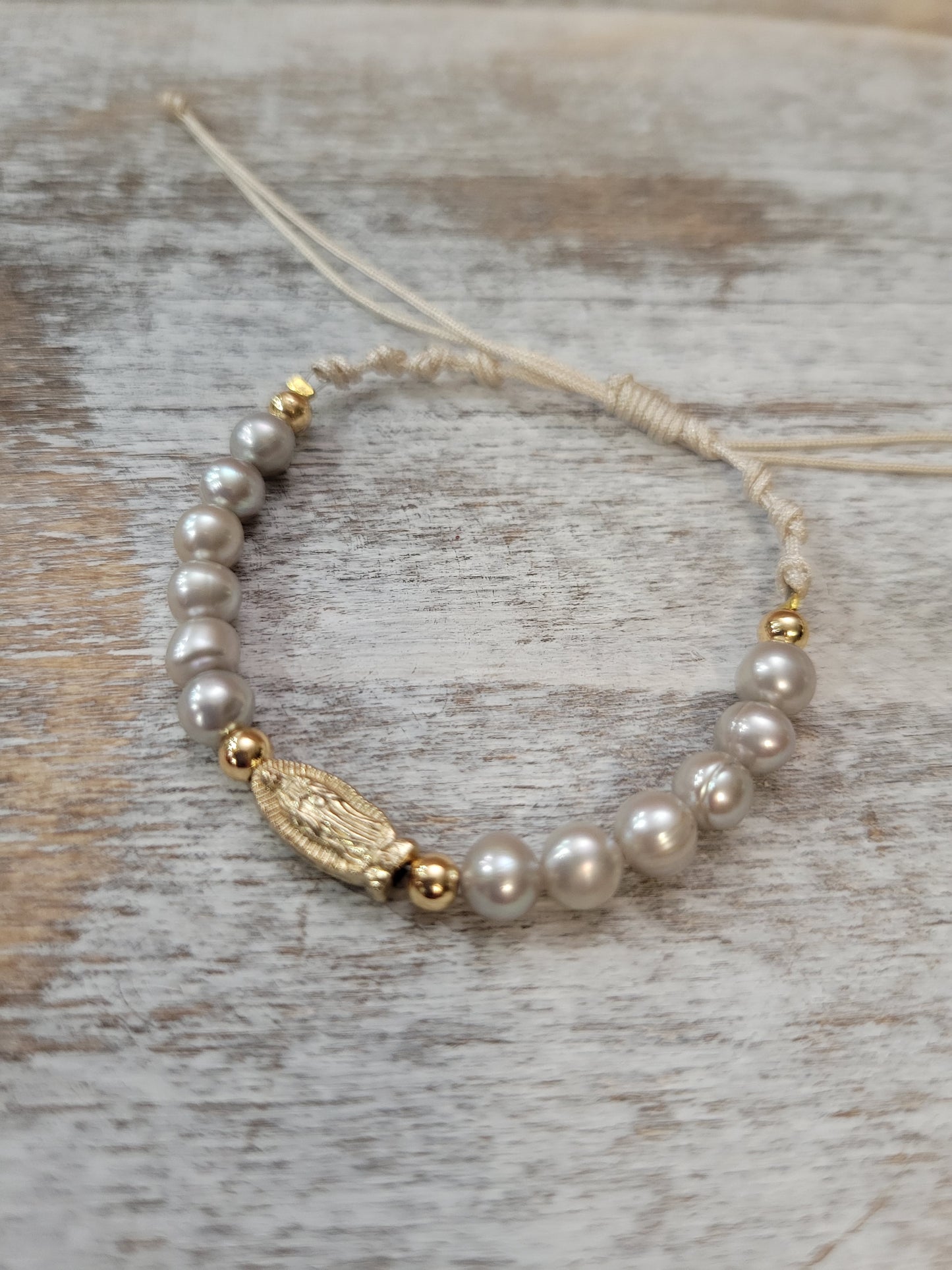 Pearl Virgin Mary Bracelet adjustable. One size fits all