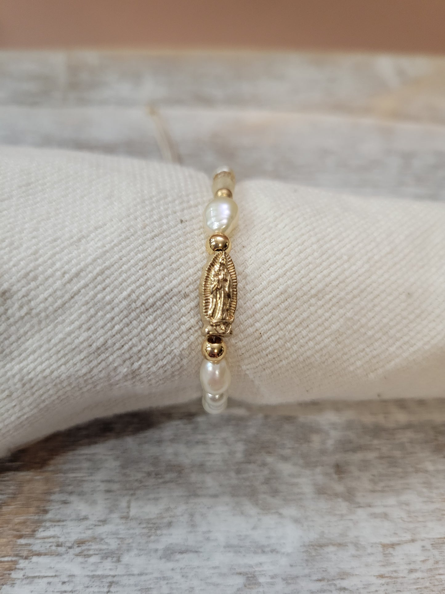 Pearl Virgin Mary Bracelet adjustable. One size fits all