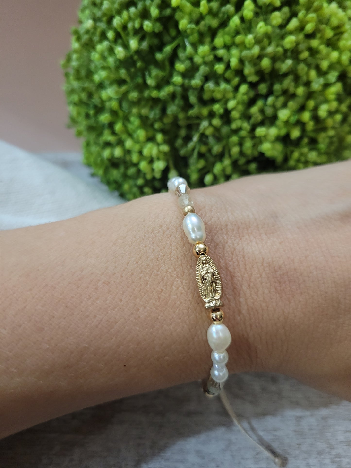 Pearl Virgin Mary Bracelet adjustable. One size fits all