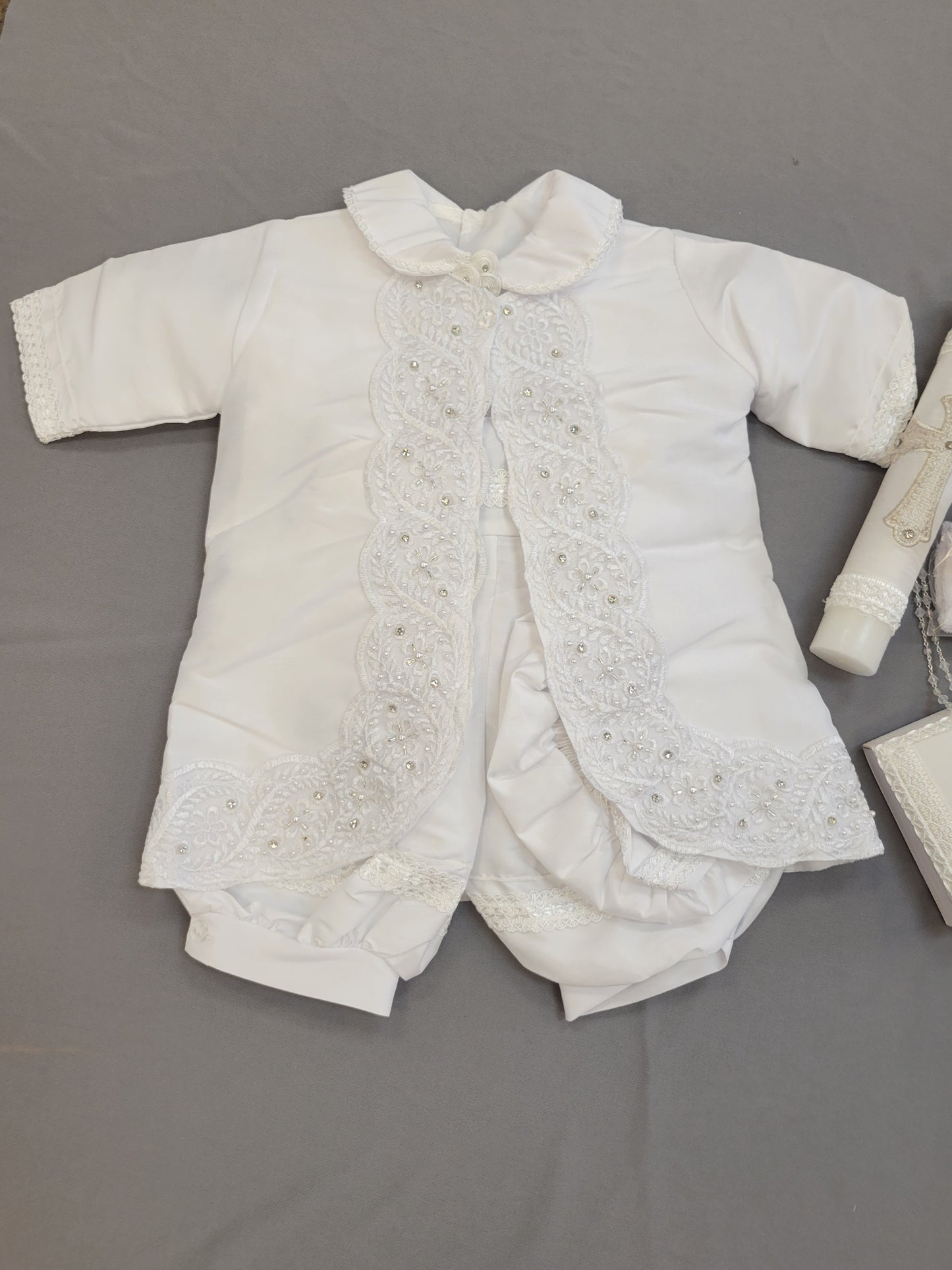 Ropon de Bautizo de Niño, Boy Christening Outfit, candle set. Cross candle set, Manga larga