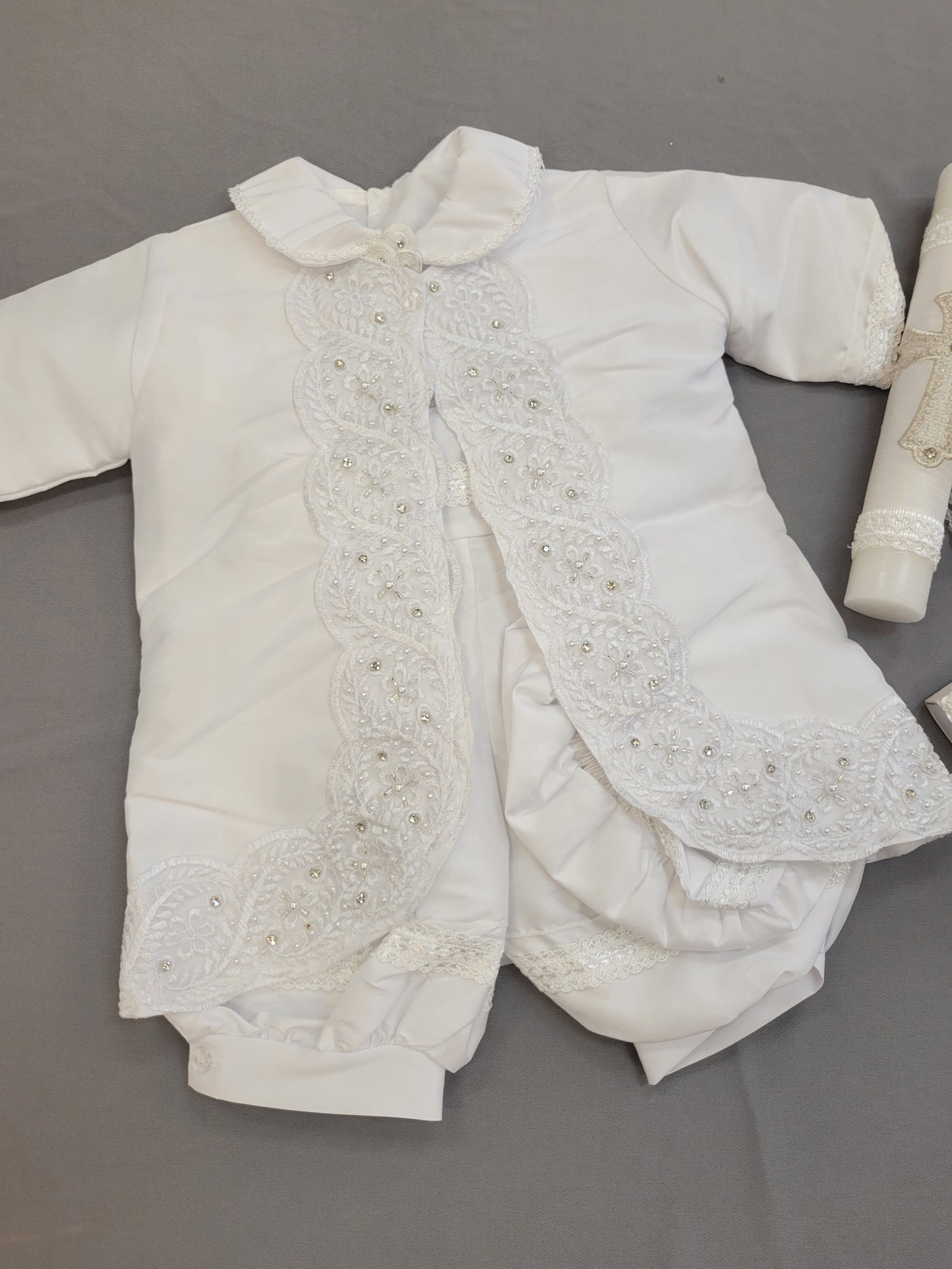 Ropon de Bautizo de Niño, Boy Christening Outfit, candle set. Cross candle set, Manga larga