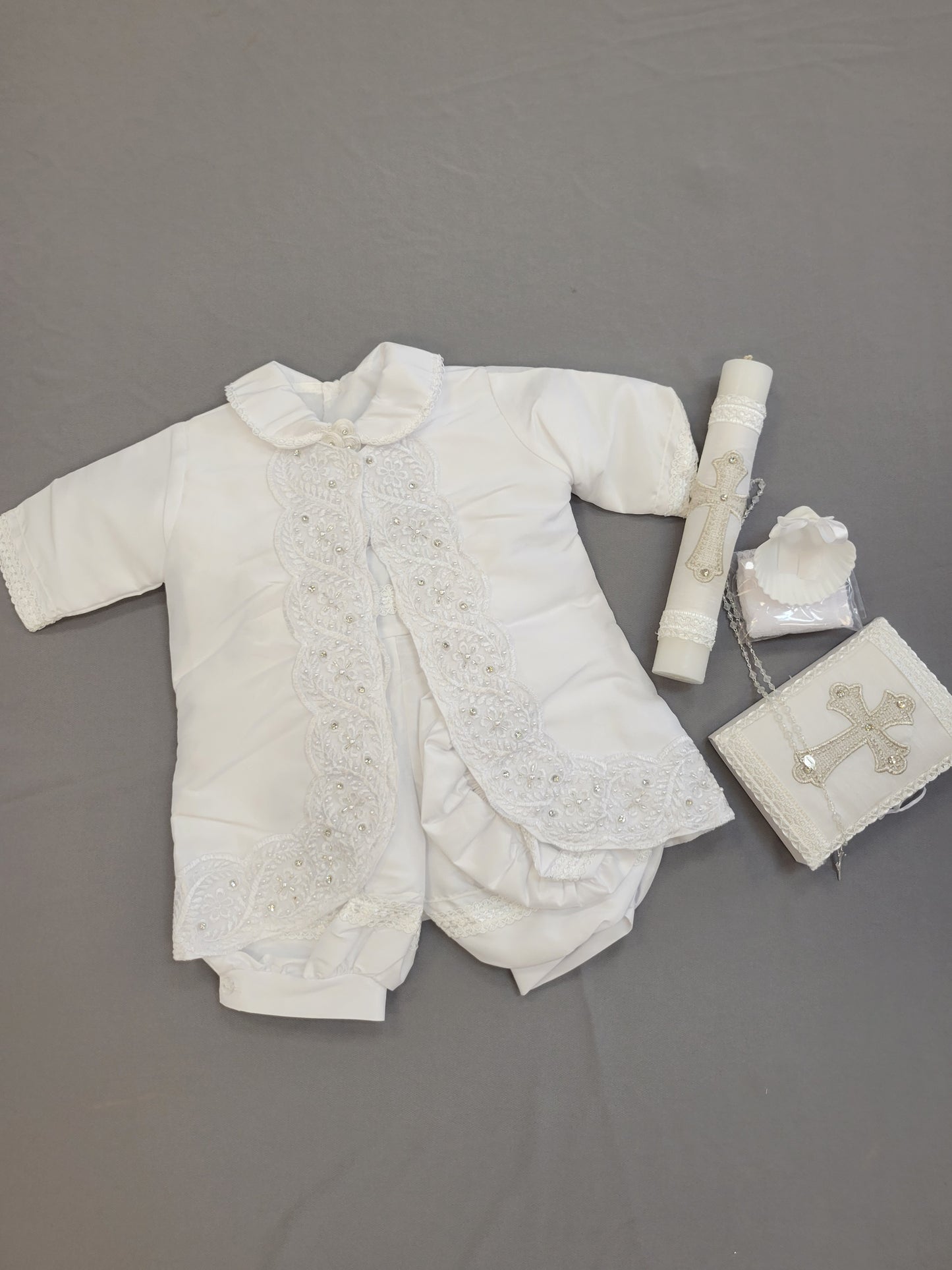 Ropon de Bautizo de Niño, Boy Christening Outfit, candle set. Cross candle set, Manga larga