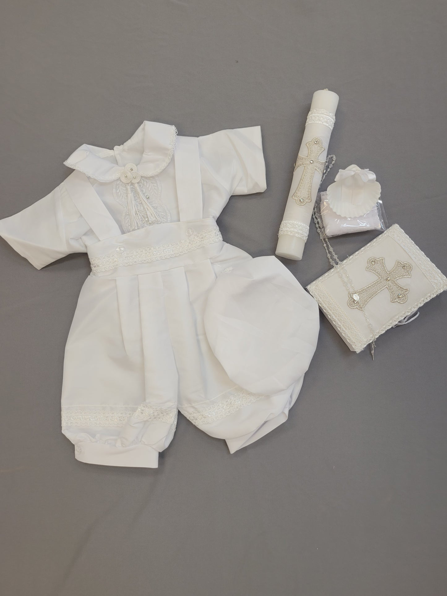 Ropon de Bautizo de Niño, Boy Christening Outfit, candle set. Cross candle set, Manga larga