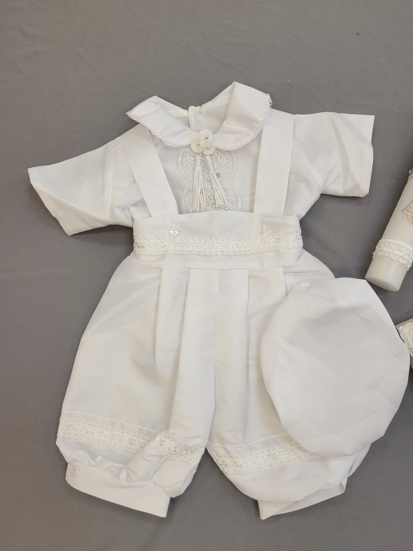 Ropon de Bautizo de Niño, Boy Christening Outfit, candle set. Cross candle set, Manga larga