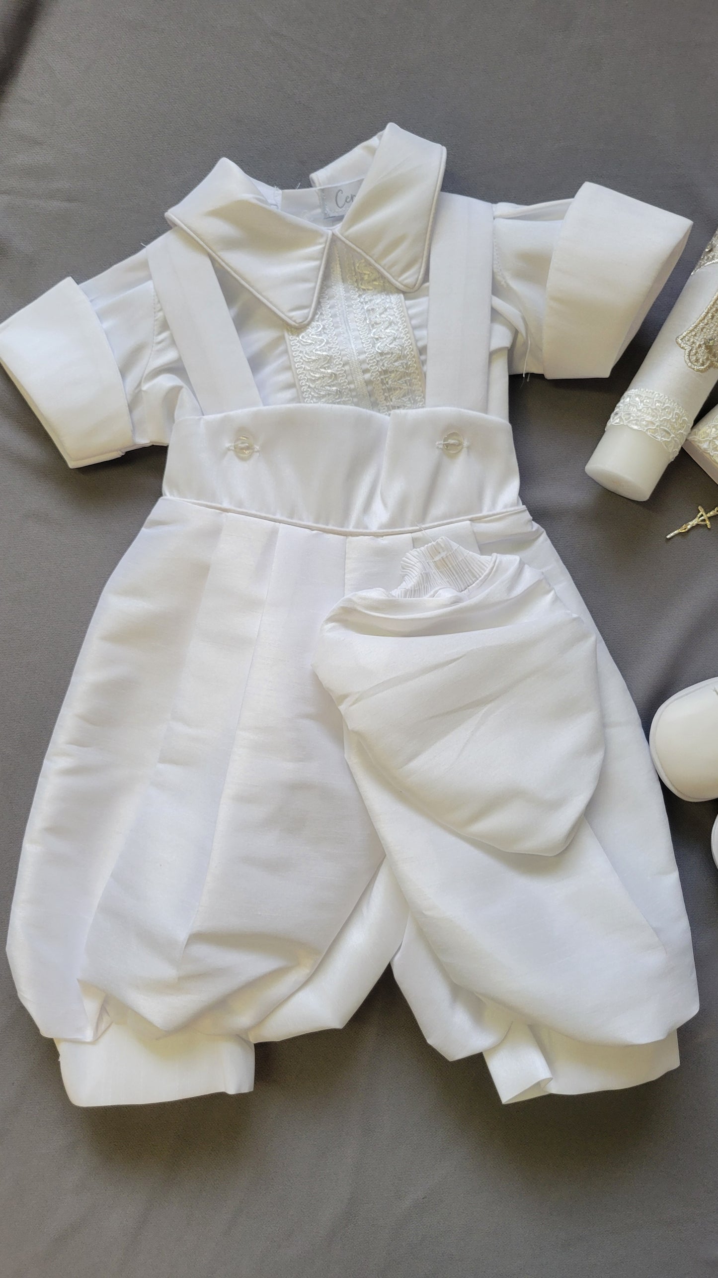 Ropon de Bautizo de Niño, Boy Christening Outfit, candle set. Cruz