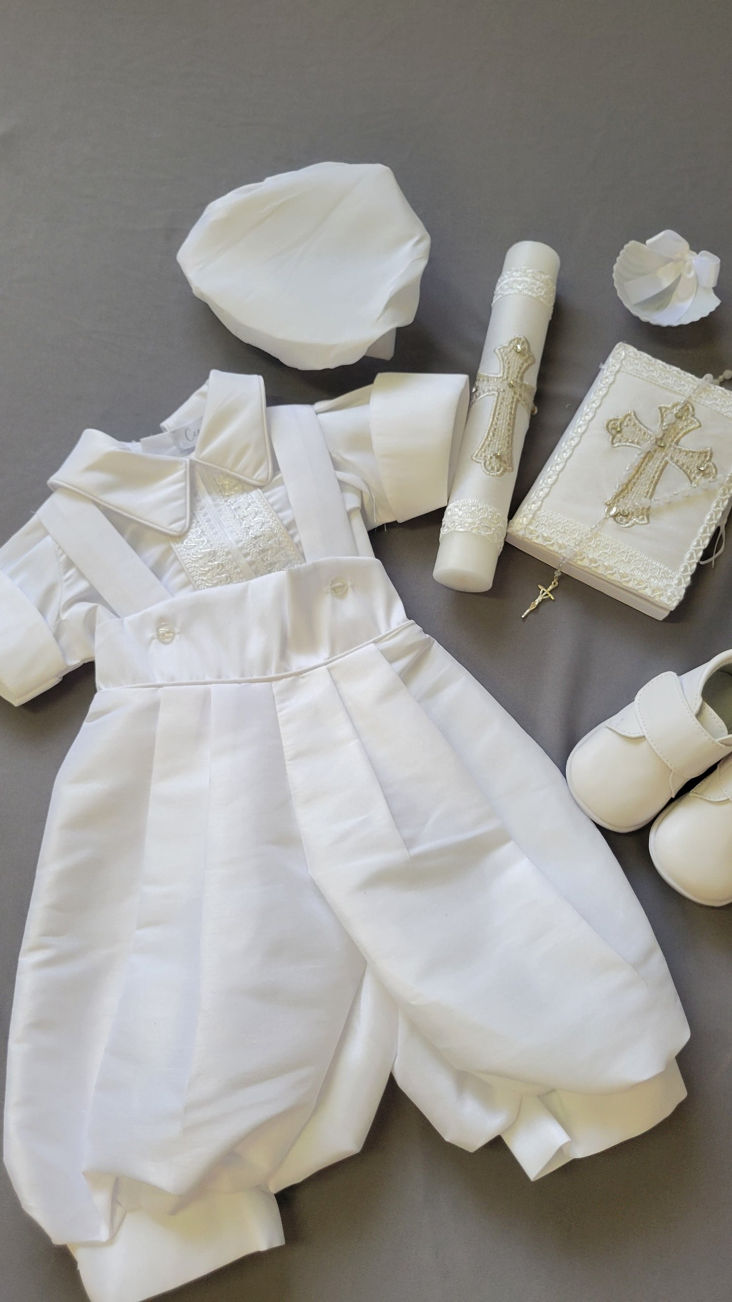 Ropon de Bautizo de Niño, Boy Christening Outfit, candle set. Cruz