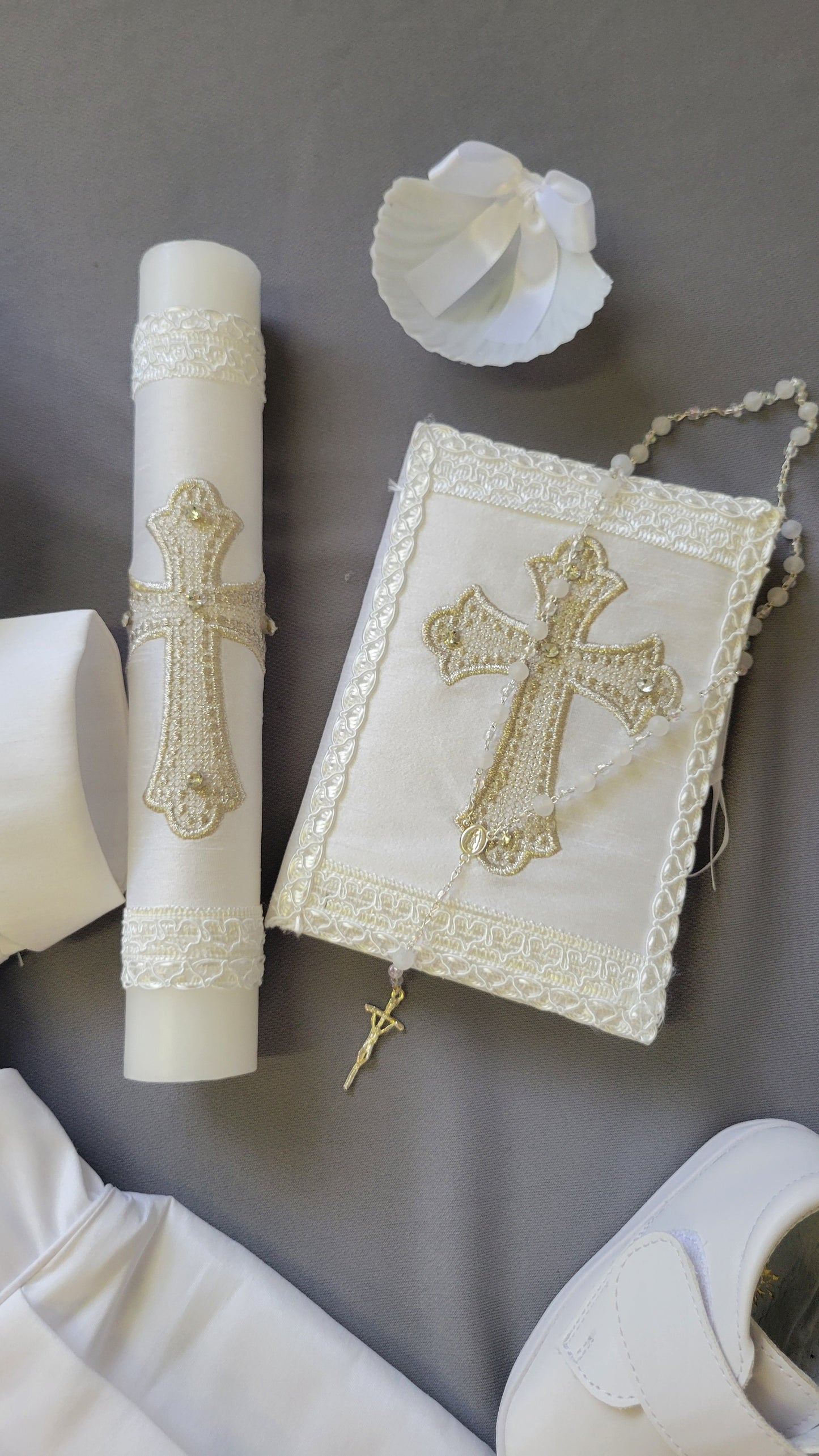 Ropon de Bautizo de Niño, Boy Christening Outfit, candle set. Cruz