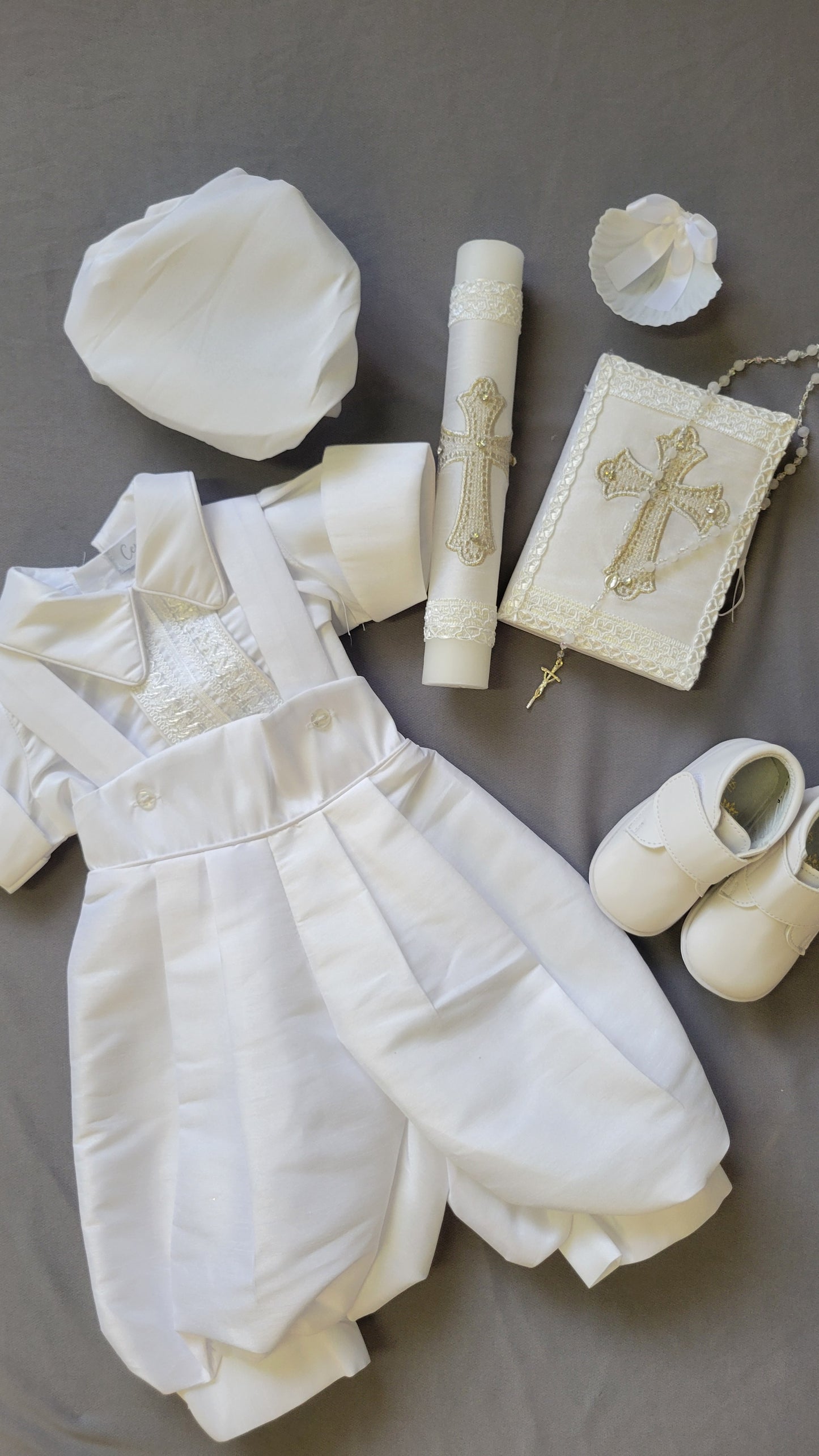 Ropon de Bautizo de Niño, Boy Christening Outfit, candle set. Cruz