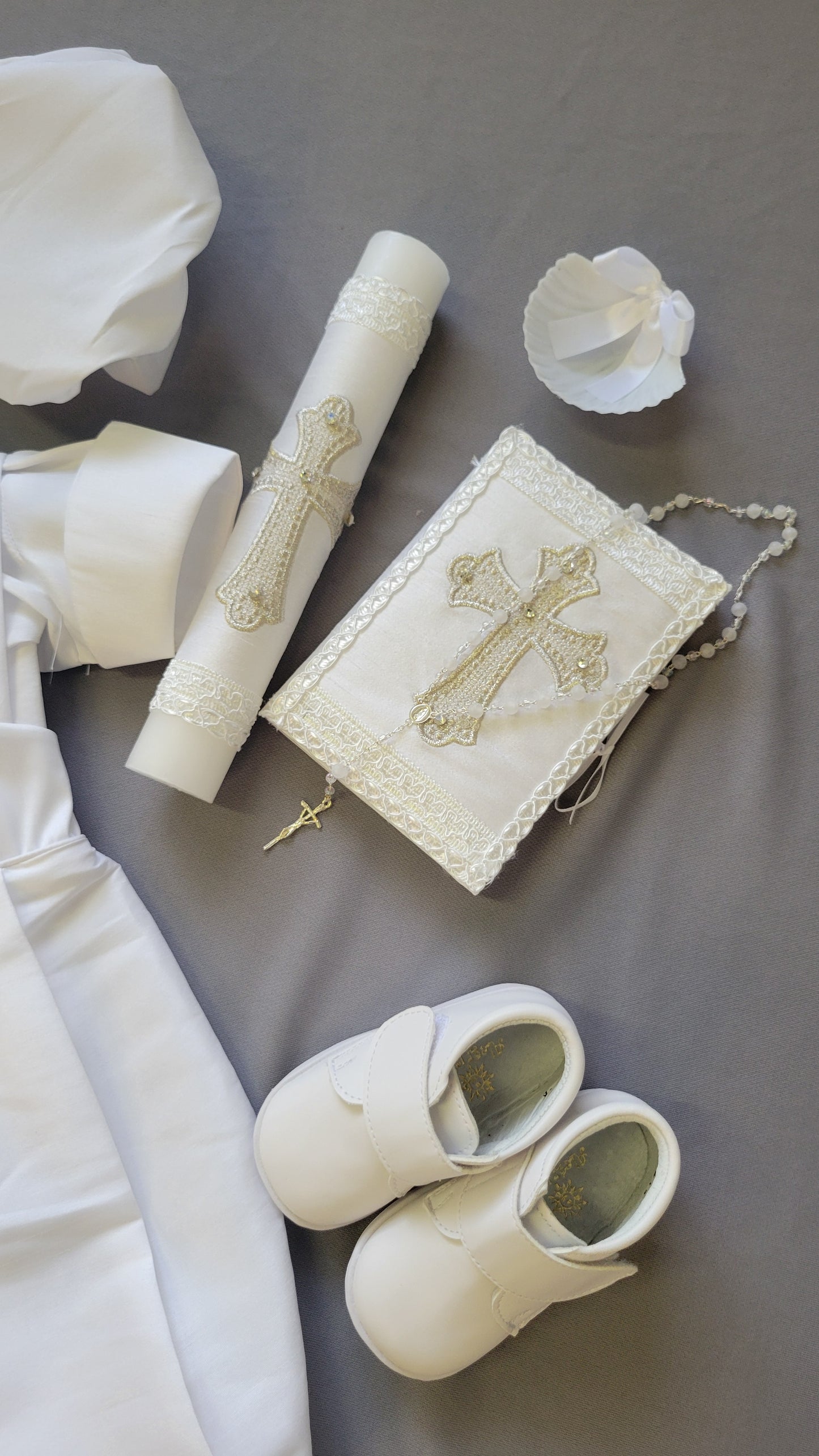 Ropon de Bautizo de Niño, Boy Christening Outfit, candle set. Cruz