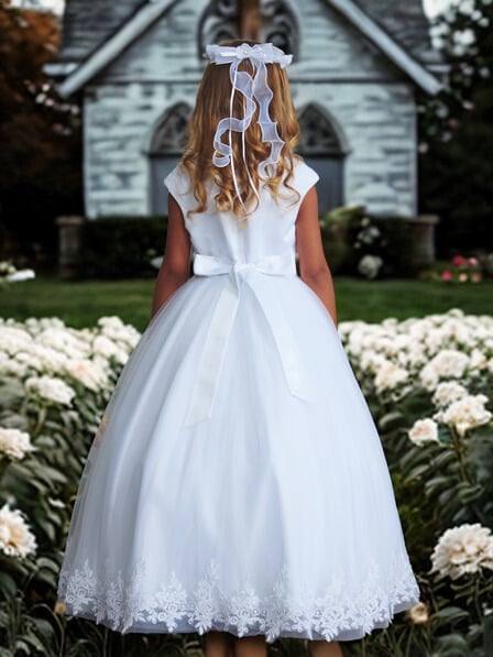 First Holy Communion Dress/vestido de primera comunion whiteCap Sleeve Lace Bodice Dress with Pearls