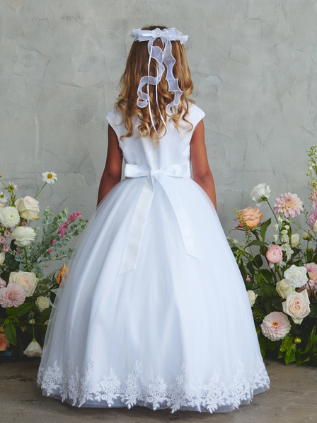 First Holy Communion Dress/vestido de primera comunion whiteCap Sleeve Lace Bodice Dress with Pearls