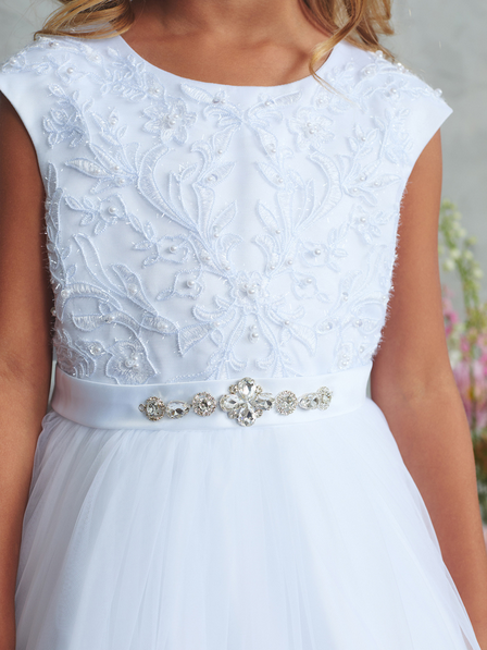 First Holy Communion Dress/vestido de primera comunion whiteCap Sleeve Lace Bodice Dress with Pearls