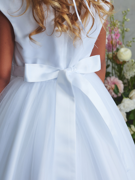First Holy Communion Dress/vestido de primera comunion whiteCap Sleeve Lace Bodice Dress with Pearls