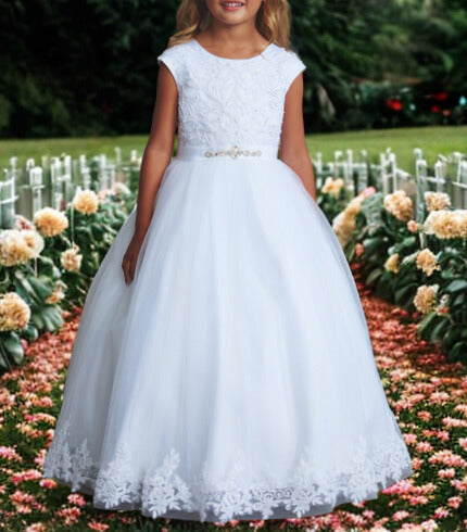First Holy Communion Dress/vestido de primera comunion whiteCap Sleeve Lace Bodice Dress with Pearls