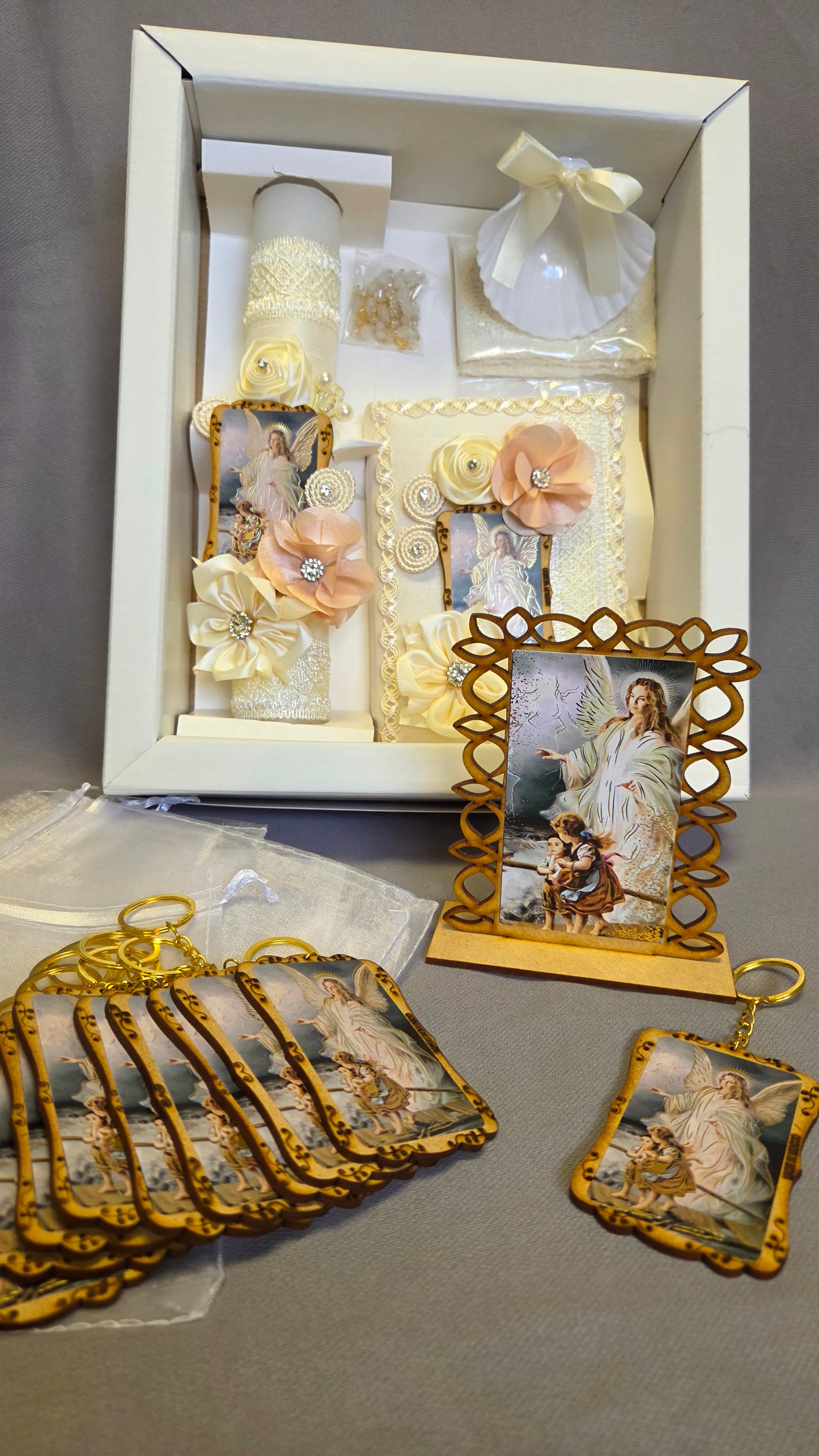 Baptism/Christening Candle Set /recuerditos and guardian angel stand