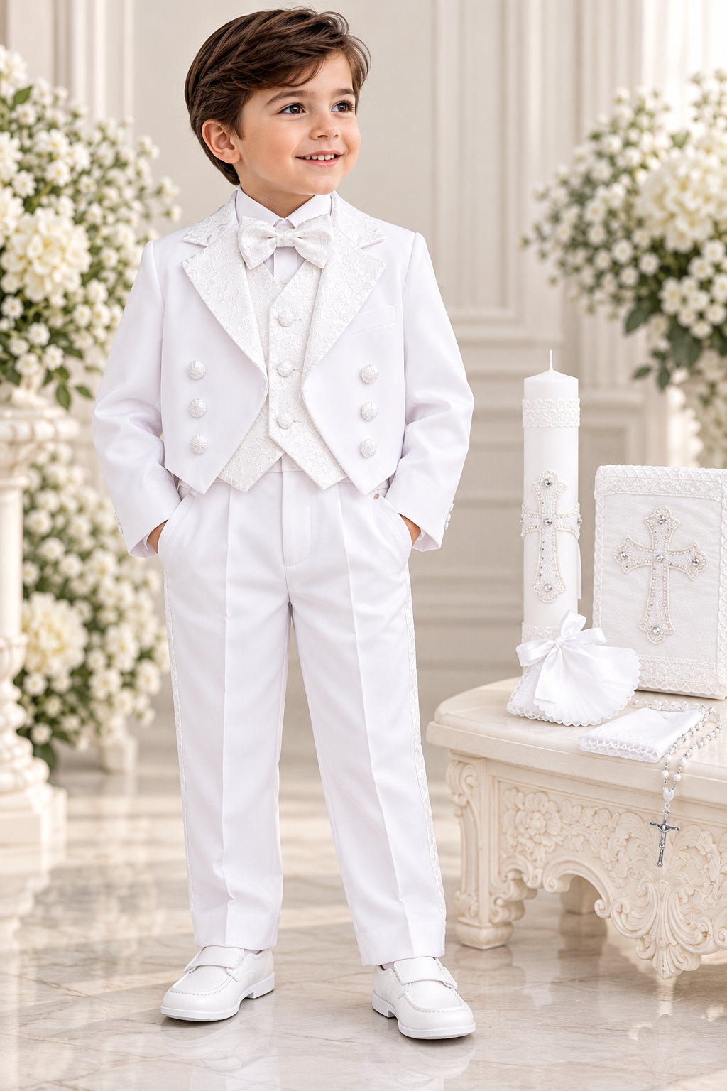 Boys White Baptism Suit Complete Set with Shoes & Candle Set | Christening Outfit