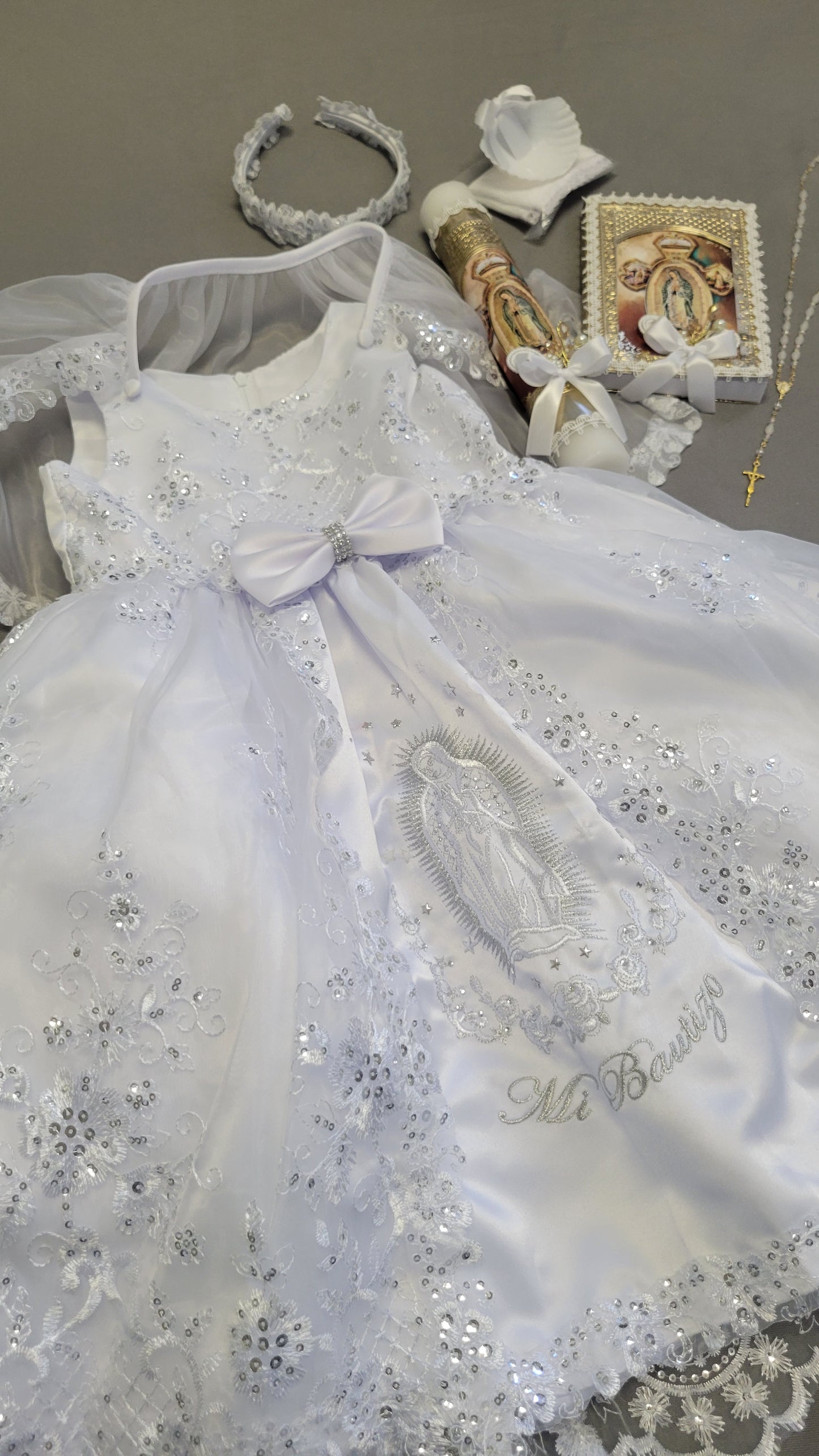Elena package all included, Virgen de Guadalupe Baptism Dress, White Christening Gown, Baby Girl Baptism Outfit, Vestido Bautizo con Virgen, Handmade Baby Girl Dress h287