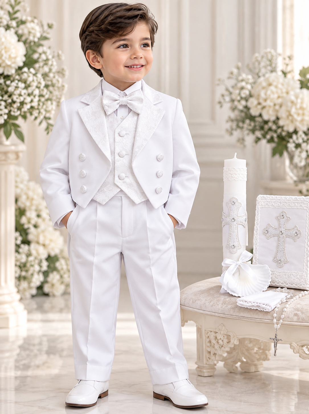 Boys White Baptism Suit Complete Set with Shoes & Candle Set | Christening Outfit