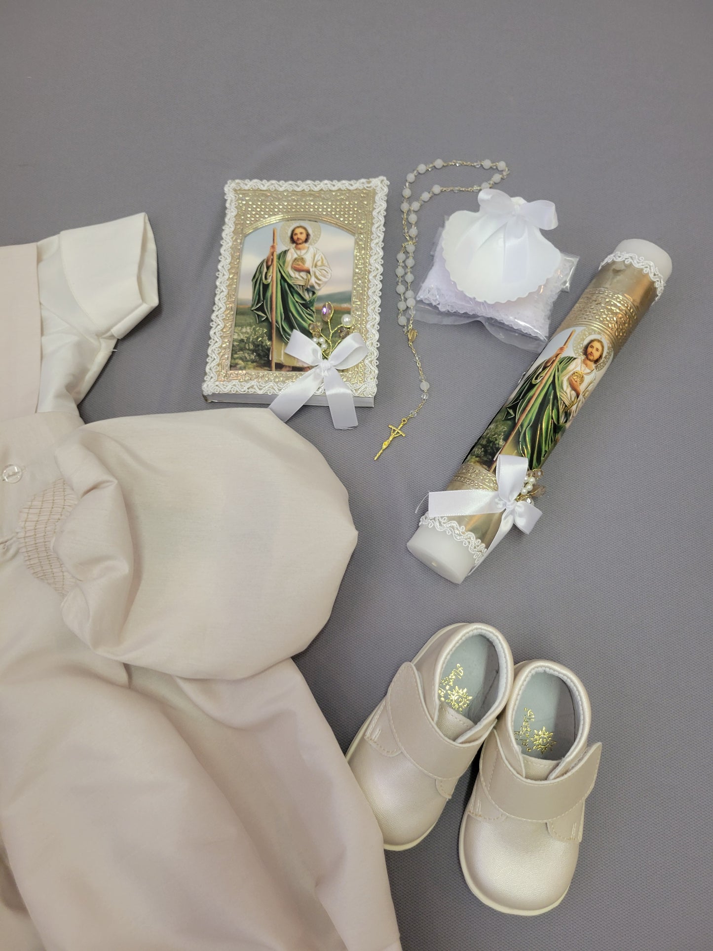 Paquete de Bautizo de Niño, Boy Christening Outfit, candle set. San Judas, Saint jude