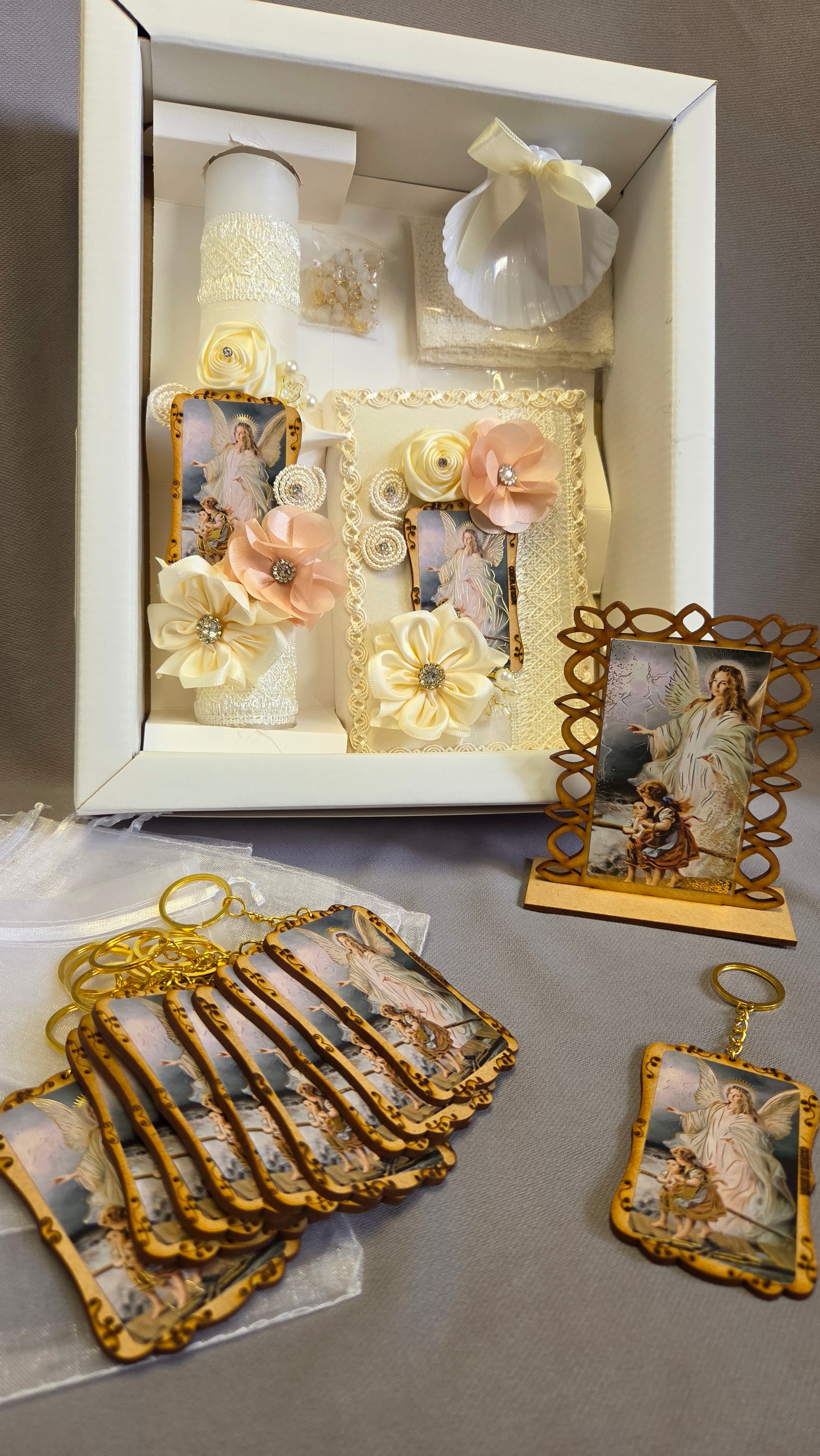 Baptism/Christening Candle Set /recuerditos and guardian angel stand