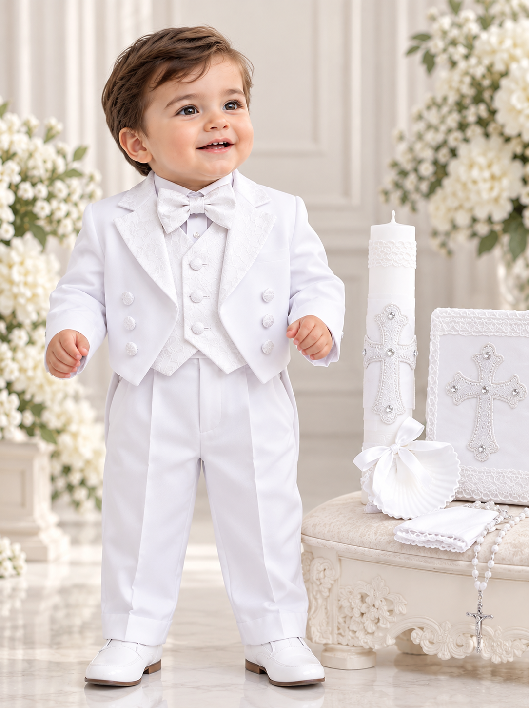 Boys White Baptism Suit Complete Set with Shoes & Candle Set | Christening Outfit