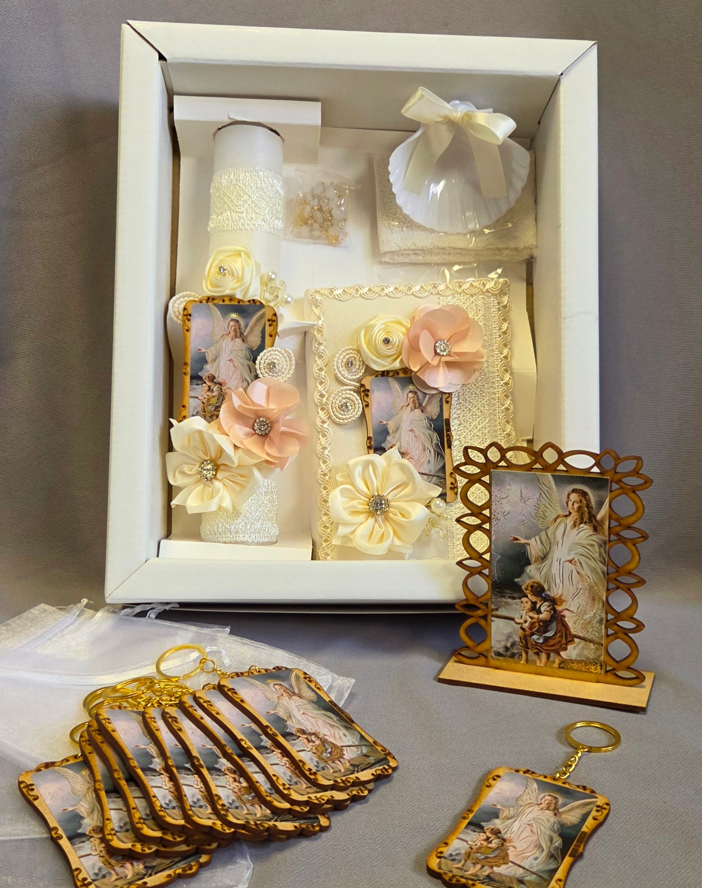 Baptism/Christening Candle Set /recuerditos and guardian angel stand