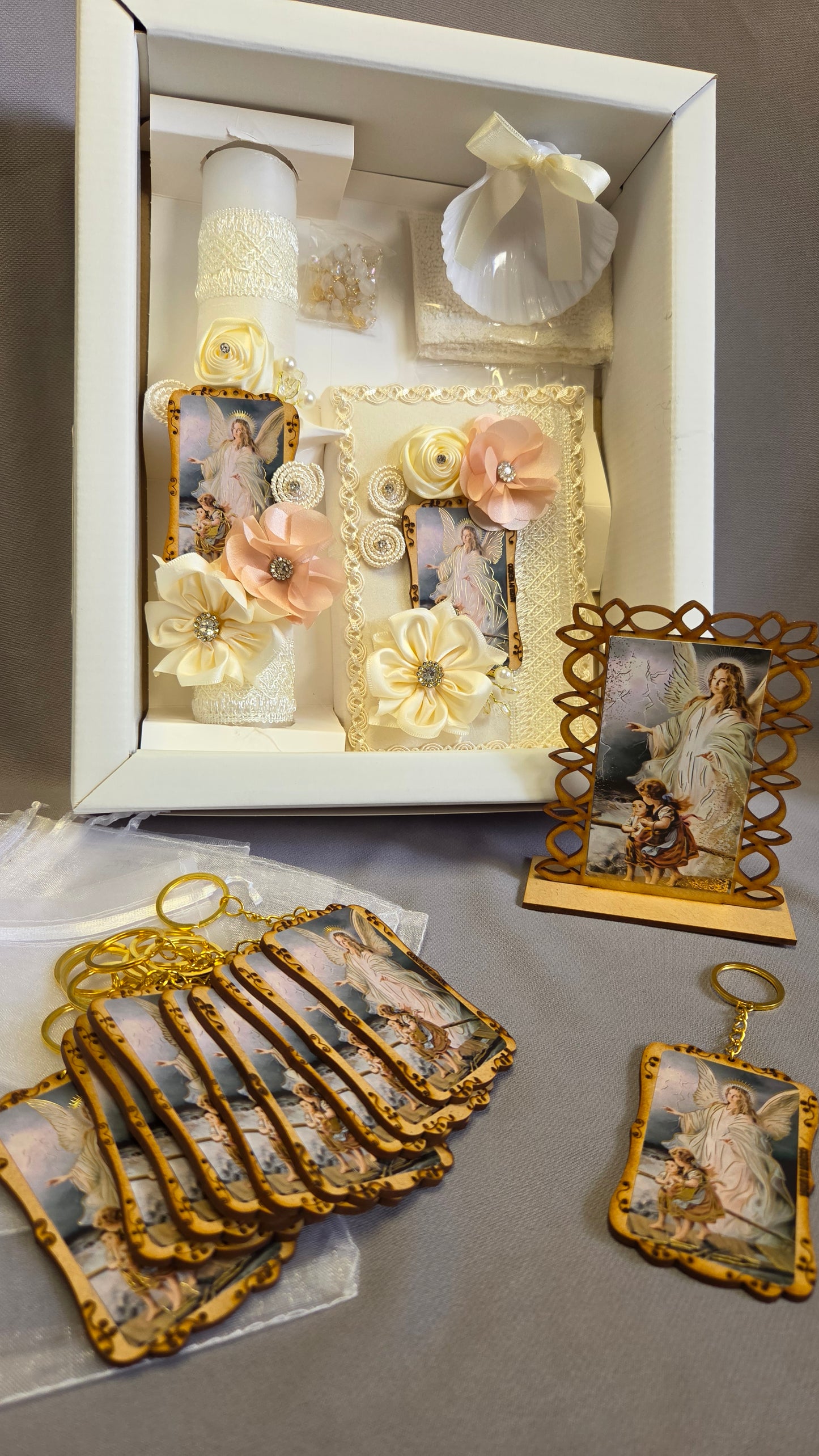 Baptism/Christening Candle Set /recuerditos and guardian angel stand