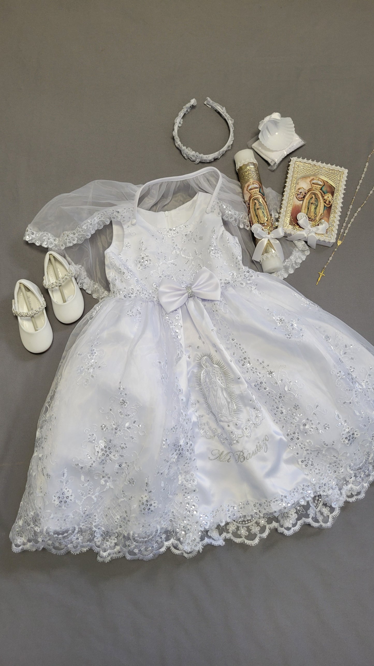 Elena package all included, Virgen de Guadalupe Baptism Dress, White Christening Gown, Baby Girl Baptism Outfit, Vestido Bautizo con Virgen, Handmade Baby Girl Dress h287