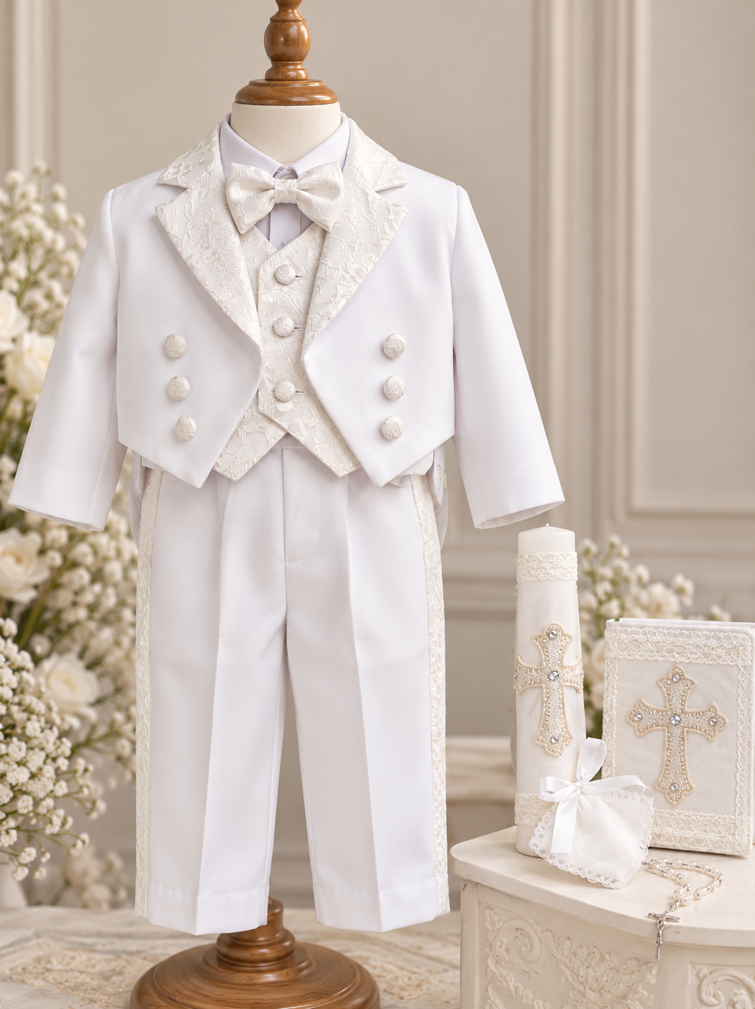 Boys White Baptism Suit Complete Set with Shoes & Candle Set | Christening Outfit