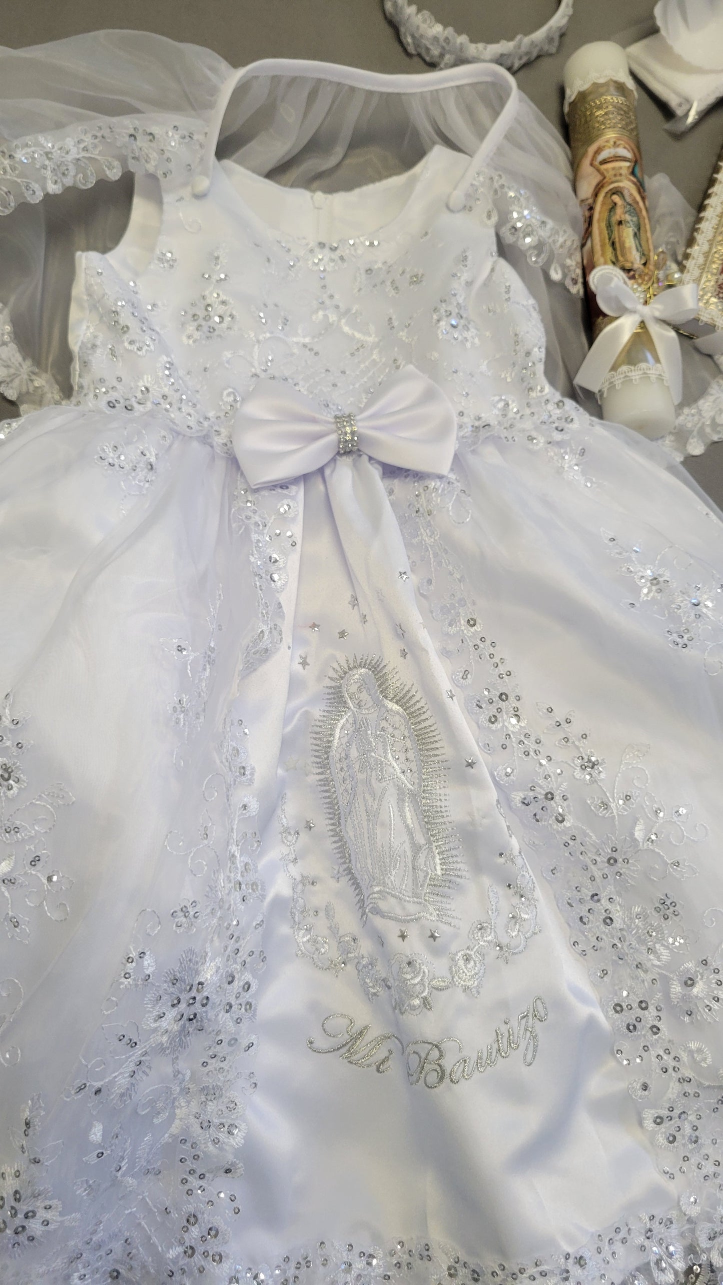 Elena package all included, Virgen de Guadalupe Baptism Dress, White Christening Gown, Baby Girl Baptism Outfit, Vestido Bautizo con Virgen, Handmade Baby Girl Dress h287