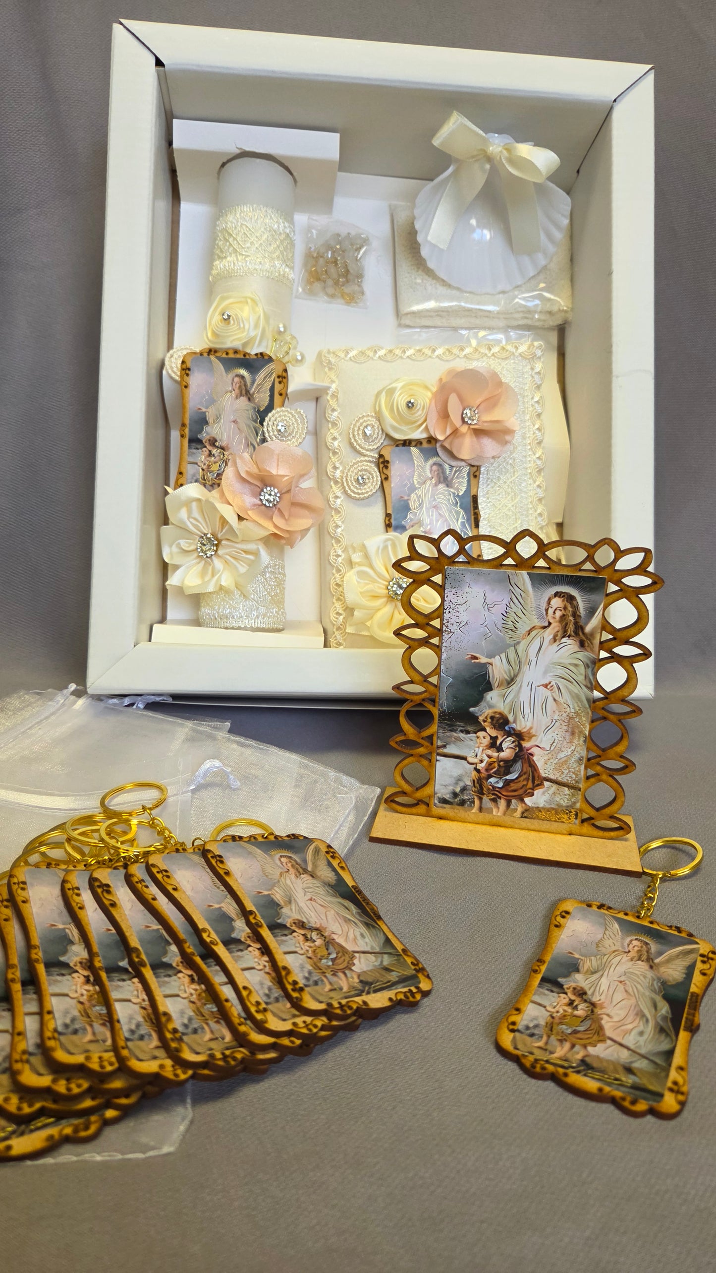 Baptism/Christening Candle Set /recuerditos and guardian angel stand