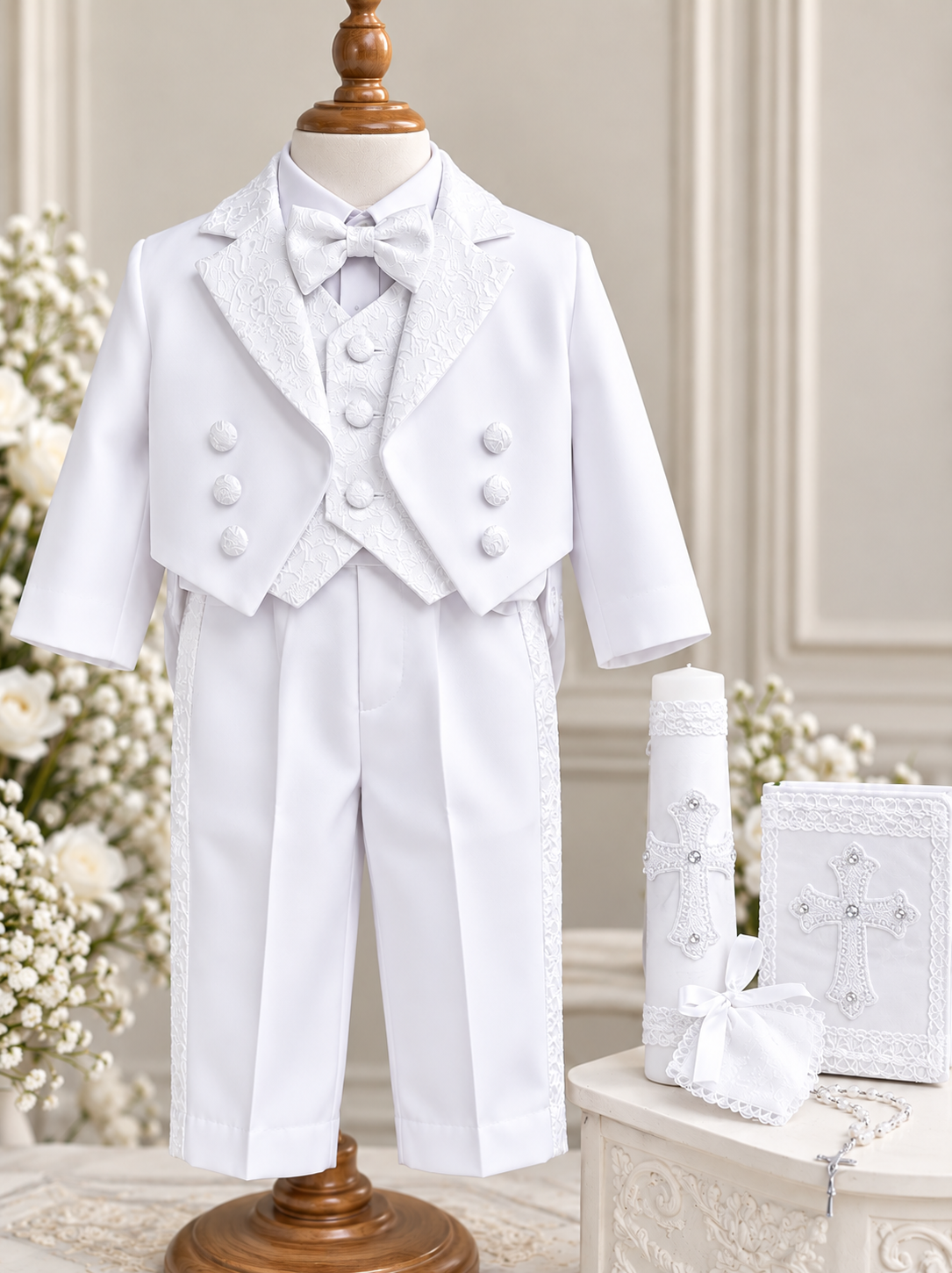 Boys White Baptism Suit Complete Set with Shoes & Candle Set | Christening Outfit