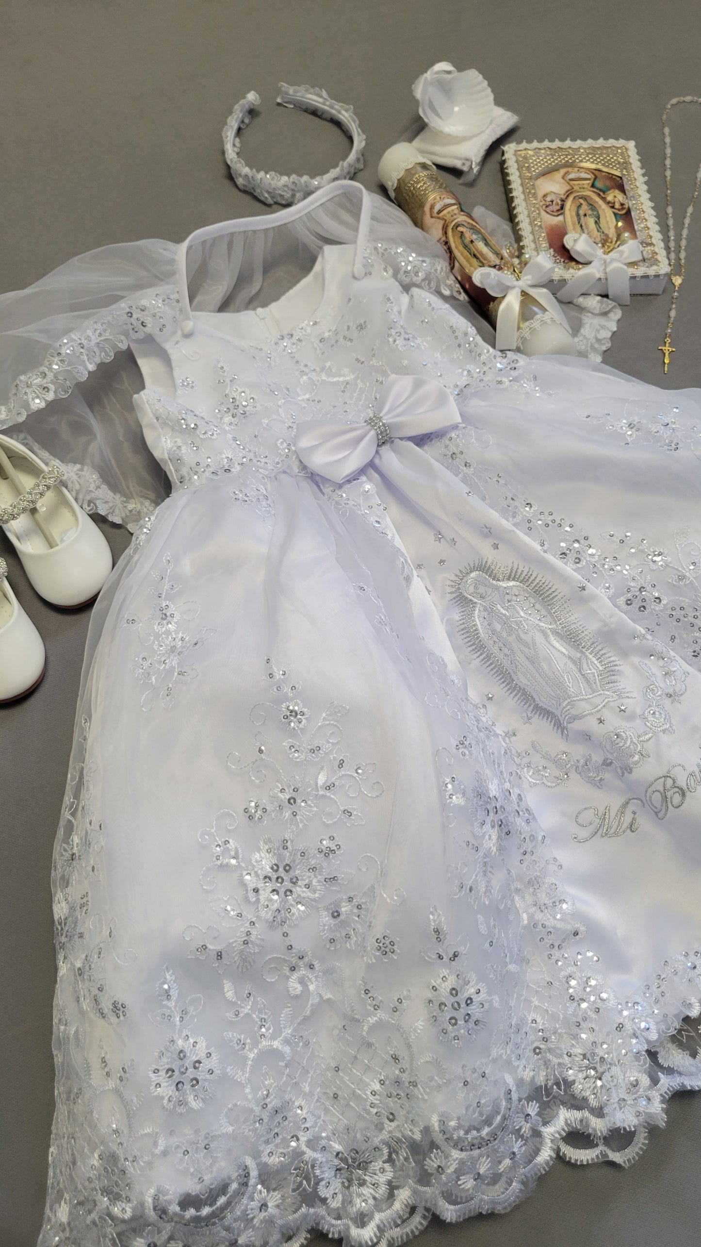 Elena package all included, Virgen de Guadalupe Baptism Dress, White Christening Gown, Baby Girl Baptism Outfit, Vestido Bautizo con Virgen, Handmade Baby Girl Dress h287