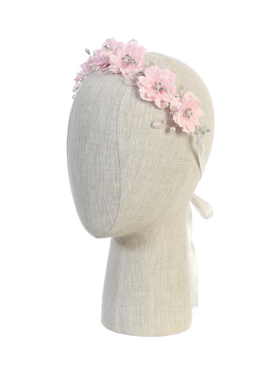 Pink Silk Flower Headband with Rhinestones and Pearls