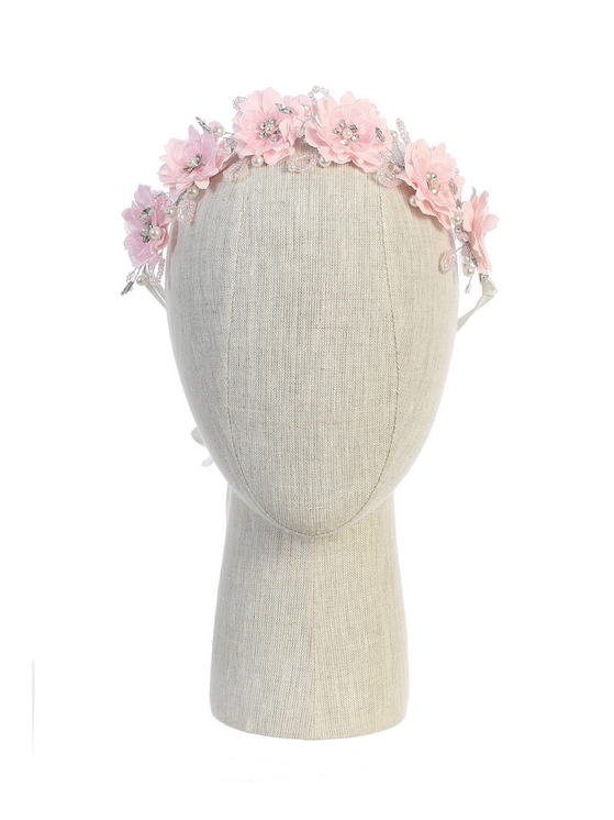 Pink Silk Flower Headband with Rhinestones and Pearls