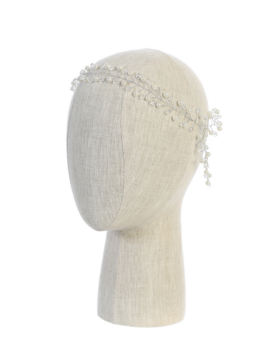 Gorgeous Rhinestone and Pearl Wire Headpiece with Satin Tie Back