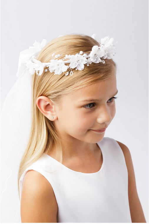 Girls First Communion Flower Crown Veil. Features Organza Flowers with Rhinestones and Pearlstones and Pearls