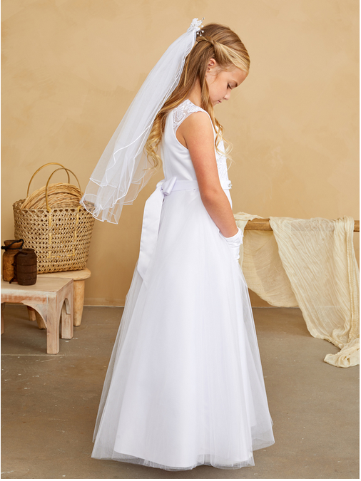 Breathtaking sleeveless tulle first communion dress with jeweled neckline -  FirstCommunions.com