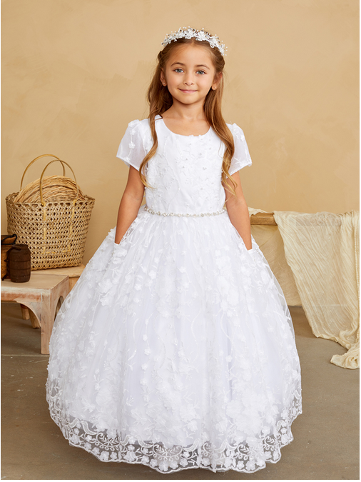 white christmas dresses Puffed Sleeves Lace and Satin First Communion Dress Celestial 3302 Pre-Order 2-3 Years / As in The Photo (Ivory) main image 1