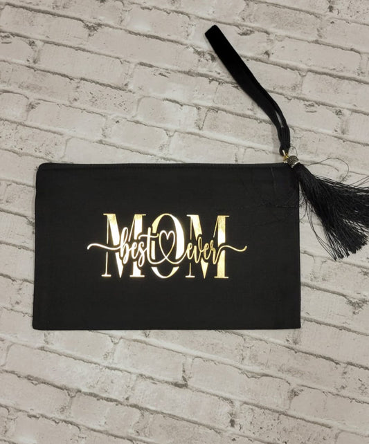 Best Mom Ever Black Zipper Pouch Wristlet